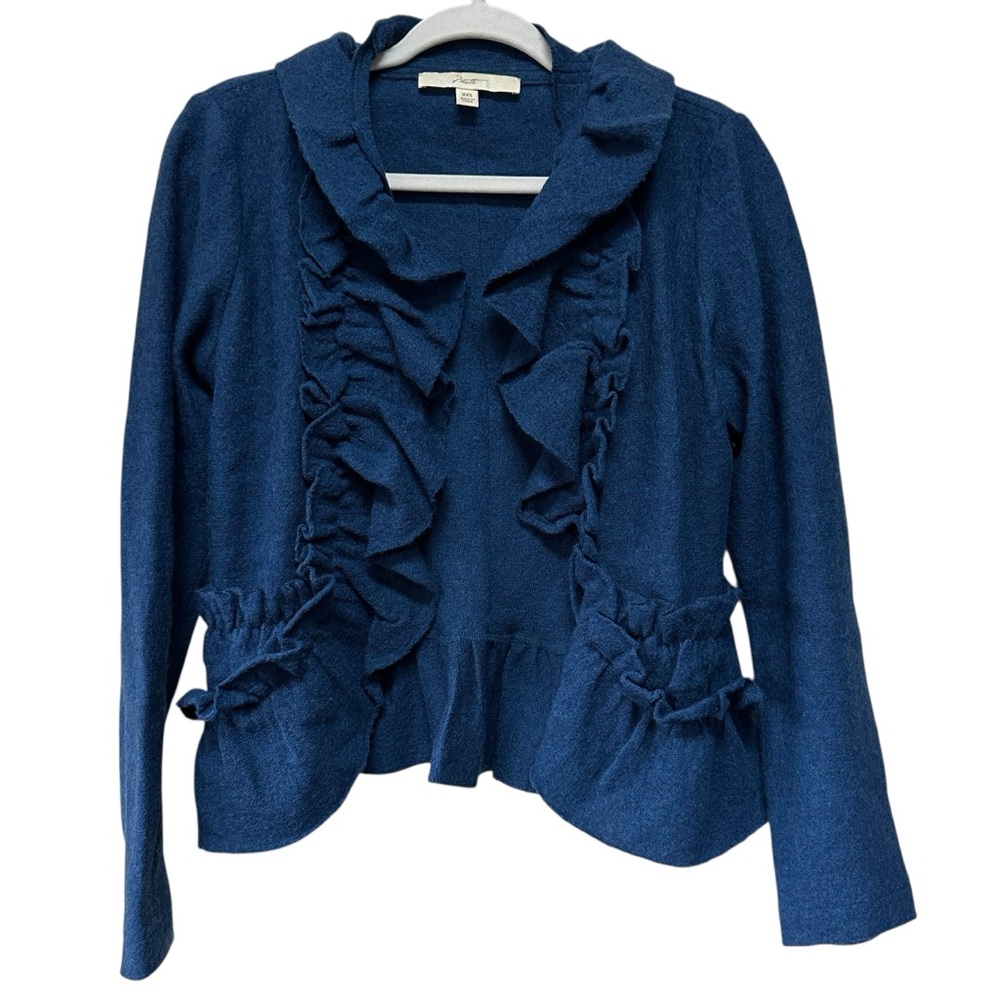 Motto 100% Wool Open Front Cardigan Jacket with Ruffle Detail in Navy, Size XXS